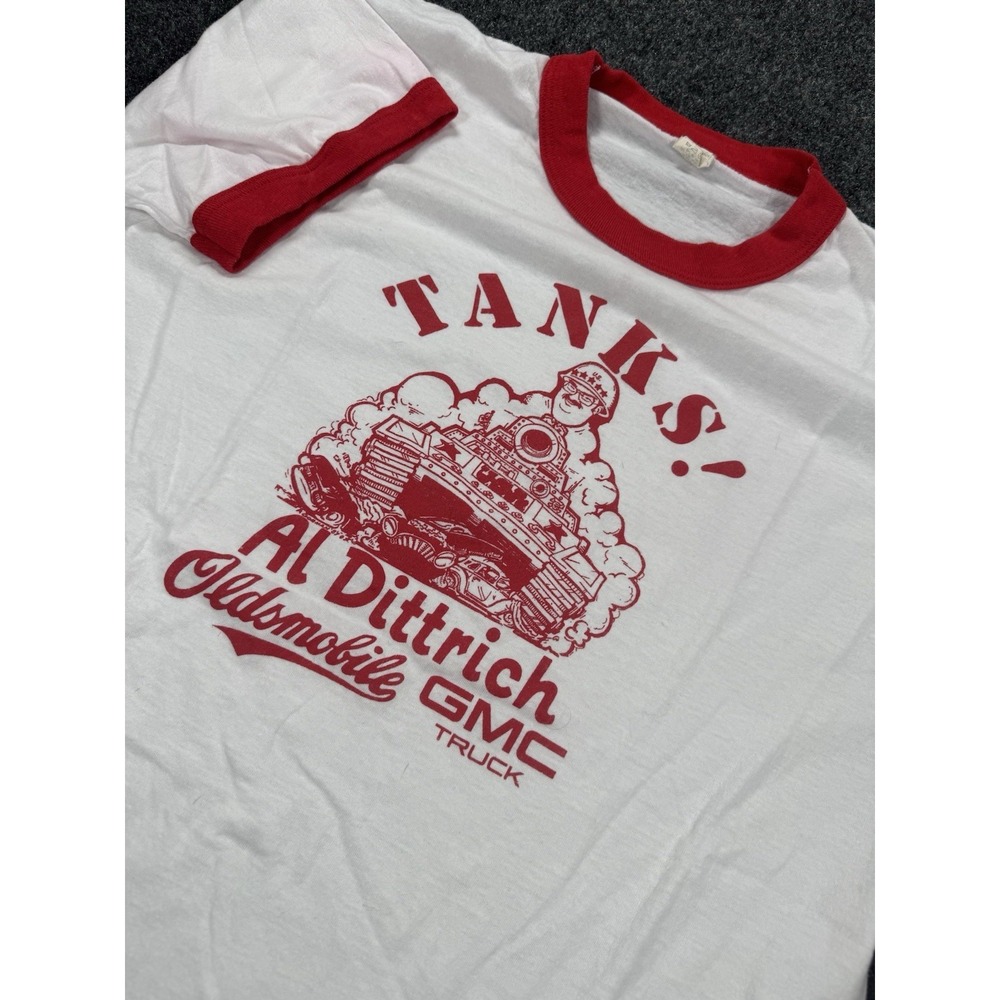 VTG 80s Al Dittrich Oldsmobile GMC Truck Ringer T Shirt White Red USA M/L